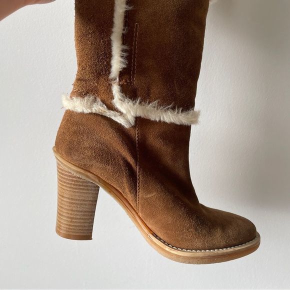 *SOLD* Vintage Y2K Browns tan and cream suede & shearling heeled boots 37 - Picture 3 of 15